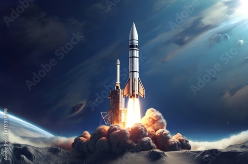 A rocket successful launching into space on a background of blue planet. 3d render