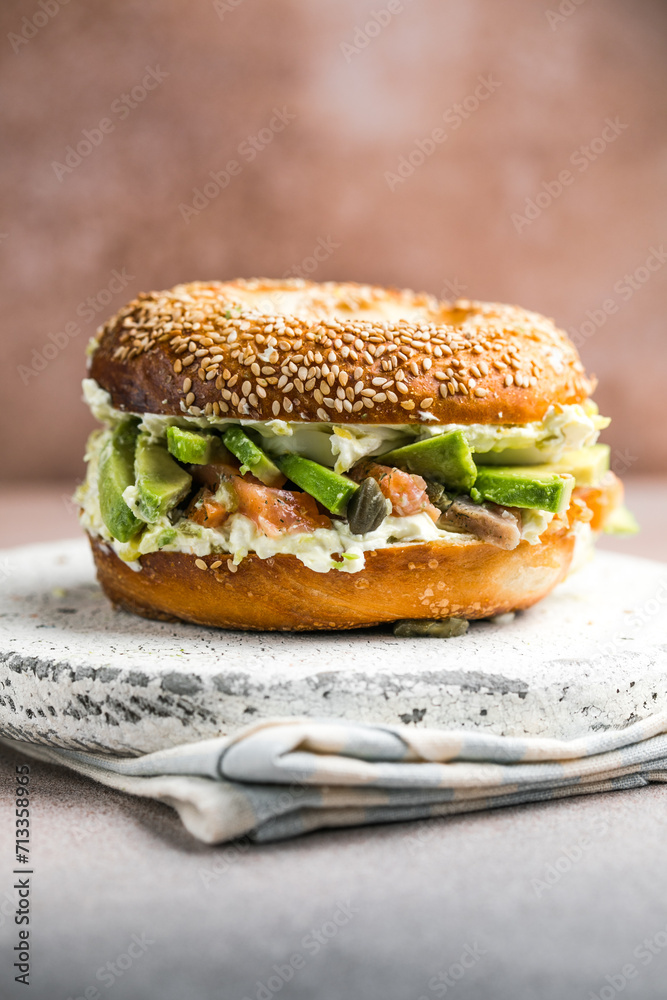 Hearty Breakfast Sandwich on a Bagel with avocado, salmon, egg Hearty Breakfast Sandwich on a Bagel with avocado, salmon, egg