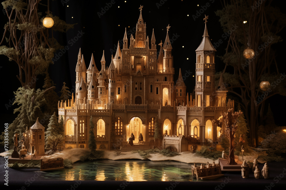 Old fairytale illuminated toy castle with beautiful garden and lake. Generative AI