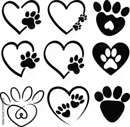 Black and white silhouette of a cat or dog paw print with heart shape isolated. paw print sign and symbol - Stock vector illustration