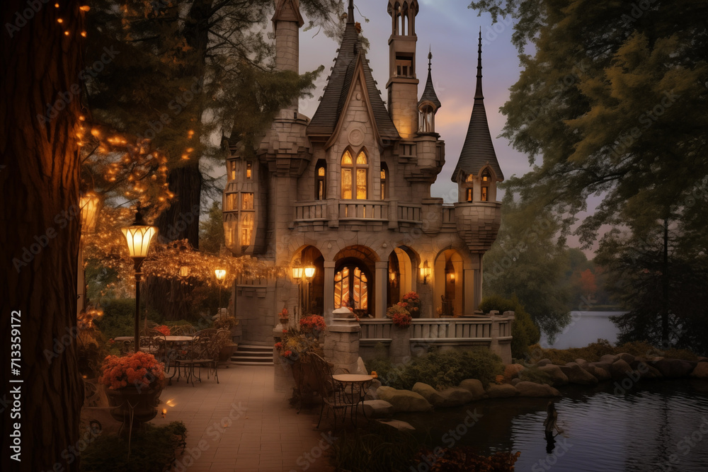 Illuminated inner yard of mystery castle. Generative AI Illuminated inner yard of mystery castle. Generative AI
