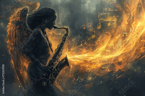Woman playing the saxophone on a dark background with fire and smoke