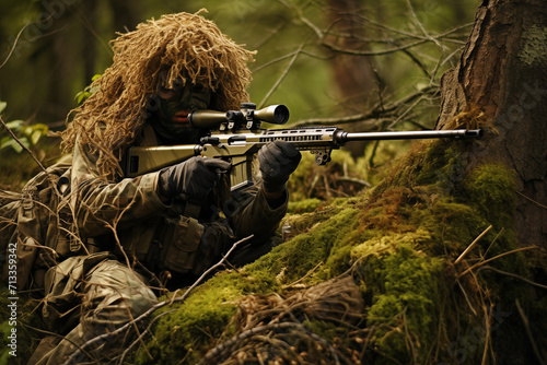 Army man sniper aiming with optical sight on rifle. Generative AI