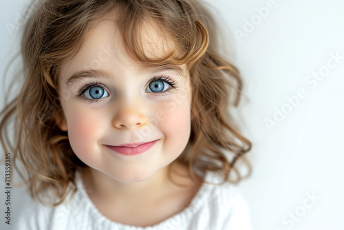 Cute Little Girl. 3-4 year old girl in a white T-shirt. Smiling little girl on white background. Portrait of nice funny cheerful positive baby girl wearing white t-shirt having fun on white background