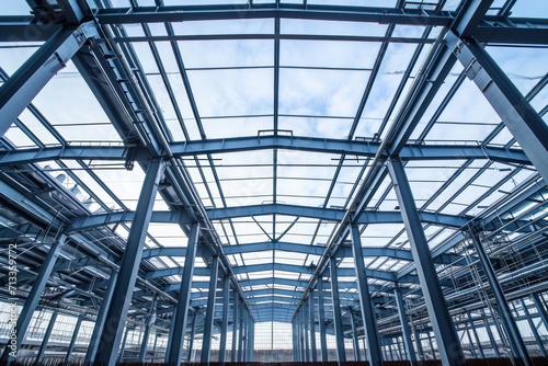 closeup of a large steel structure surrounded by the construction area  sky light blue