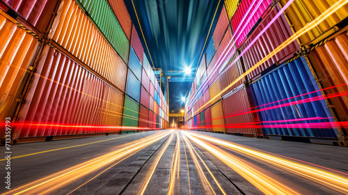 Streaking Lights in Industrial Scene.
A night scene with streaks of light between industrial shipping containers. photo