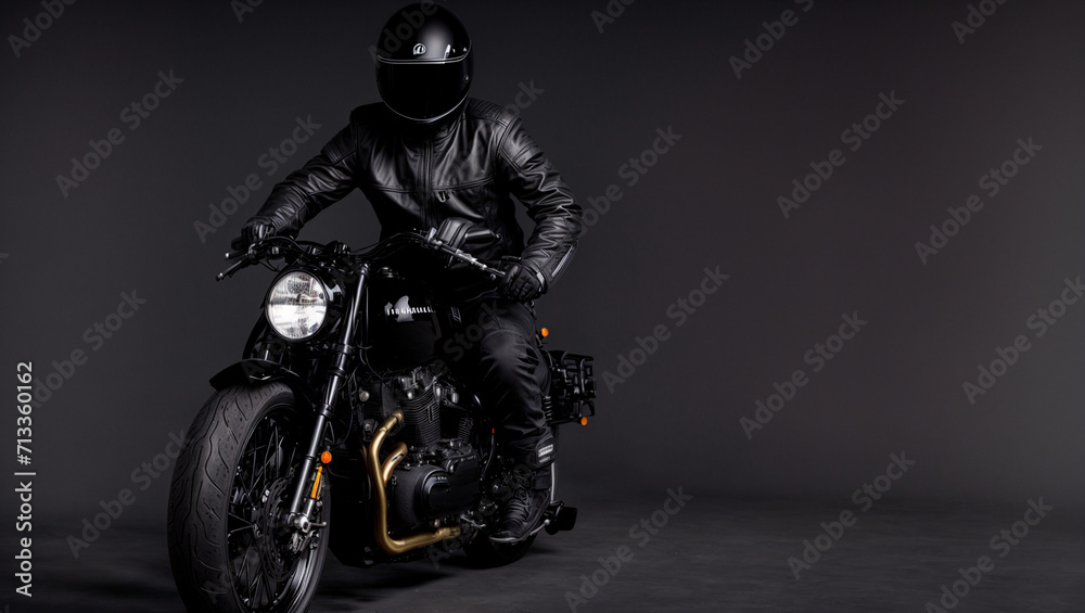 A motorcyclist poses in a black helmet on a black background. generative AI - obrazy, fototapety, plakaty 