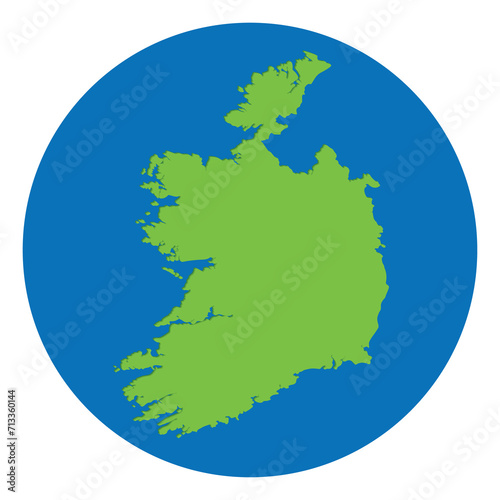 Ireland map. Map of Ireland in green color in globe design with blue circle color.