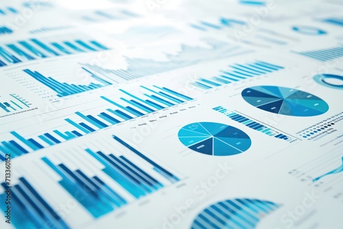 Blue color graphs and information charts diagram. Business report and investment stock chart. 