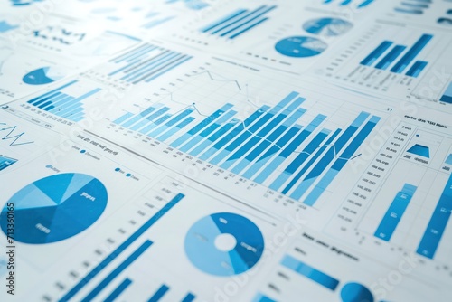 Blue color graphs and information charts diagram. Business report and investment stock chart. 