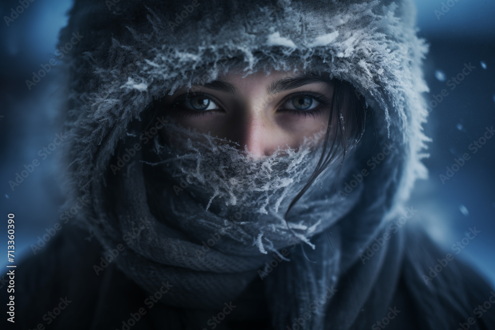 Portrait of young woman wrapped in scarf. Generative AI Portrait of young woman wrapped in scarf. Generative AI