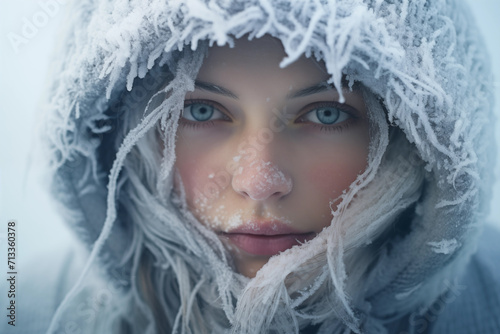 Portrait of cute woman wearing hood of warm winter sweater. Generative AI