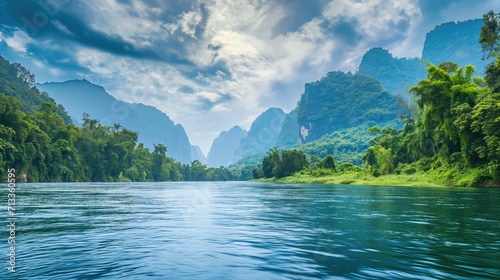 Beautiful river on the background of jungle and mountains