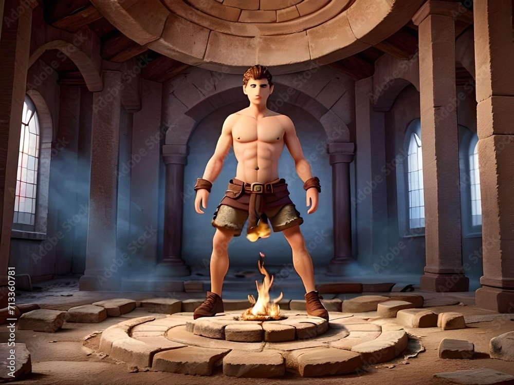 Illustration of Giant Shirtless Guy Standing on Fire in An Abandoned Building Concept