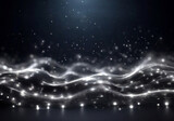 Onda di particelle nero e bianco digitali e sfondo astratto di energia con stelle e puntini brillanti