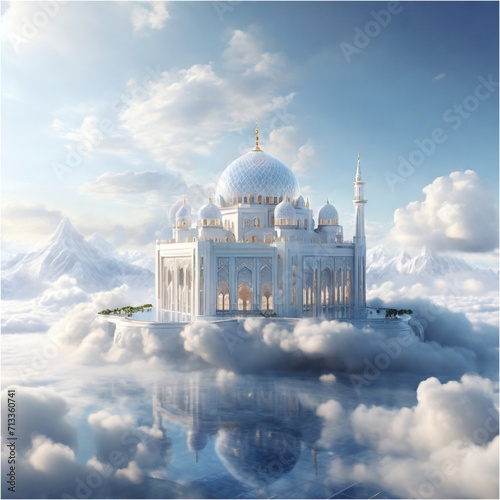 artworka large, magnificent white mosque palace with a glass floor above the clouds, very hyper extra realistic photo
