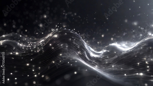 Onda di particelle nero e bianco digitali e sfondo astratto di energia con stelle e puntini brillanti photo