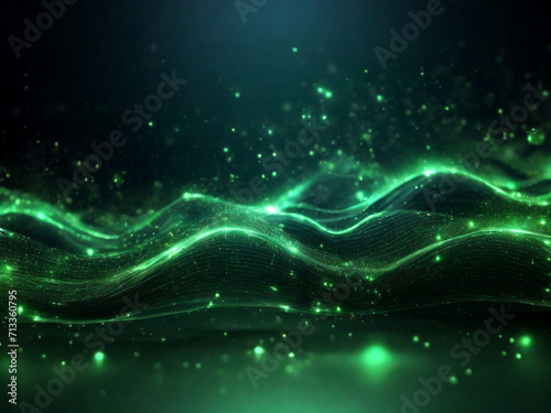 Onda di particelle verde digitali e sfondo astratto di energia con stelle e puntini brillanti