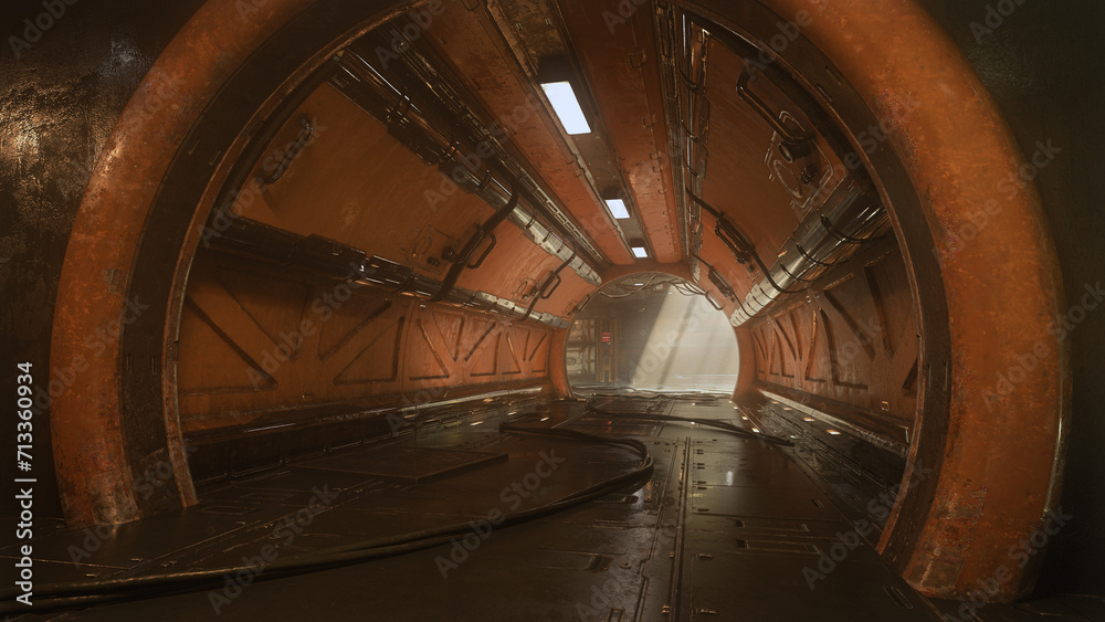 Fototapeta premium Dark grungy underground tunnel in a fantasy dystopian future industrial building. 3D rendering.