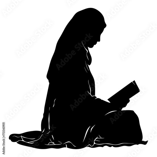 Silhouette of a Muslim woman reading the Koran in black color only