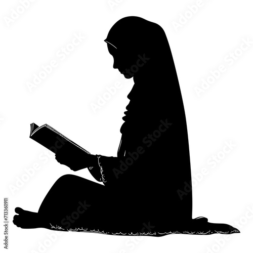 Silhouette of a Muslim woman reading the Koran in black color only