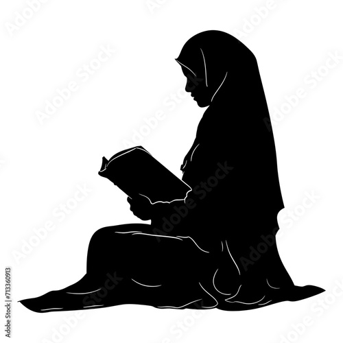 Silhouette of a Muslim woman reading the Koran in black color only