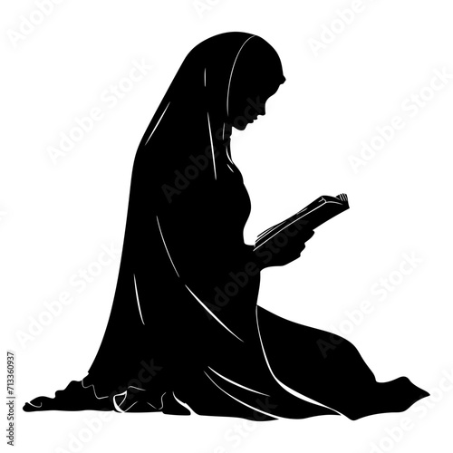 Silhouette of a Muslim woman reading the Koran in black color only