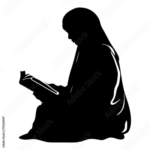 Silhouette of a Muslim woman reading the Koran in black color only