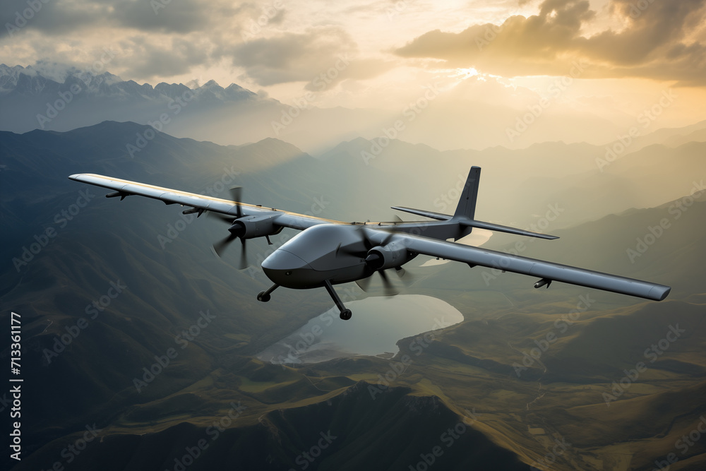 Unmanned military drone flying over mountain valley in sky. Generative AI Unmanned military drone flying over mountain valley in sky. Generative AI