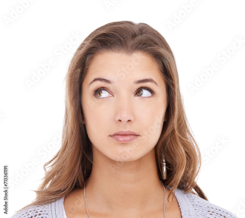 Thinking, ideas and woman with why, confused and model isolated on white studio background. Person, problem solving or girl with wonder, decision or solution with doubt, choice or planning with emoji © Marius Venter/peopleimages.com