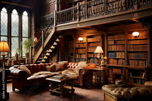 Cozy luxury interior of vintage home library. Generative AI