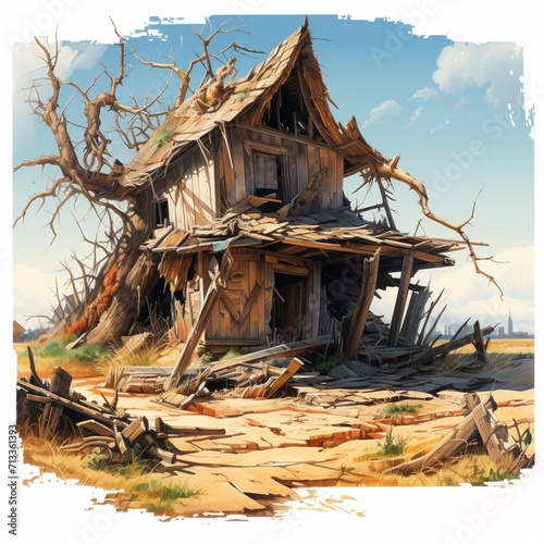Village view broken wooden house image Generative AI