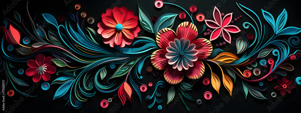 abstract floral background, impressive wallpaper with flowers on a black background, colorful curves, paper sculptures, light crimson and azure