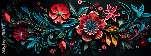 abstract floral background  impressive wallpaper with flowers on a black background  colorful curves  paper sculptures  light crimson and azure