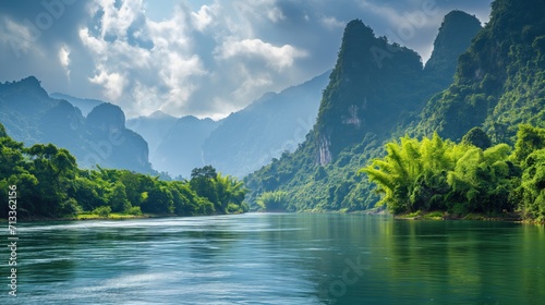 Beautiful river on the background of jungle and mountains © cherezoff