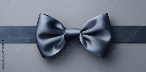 Blue gift ribbon with a bow isolated on a gray background, black bow tie