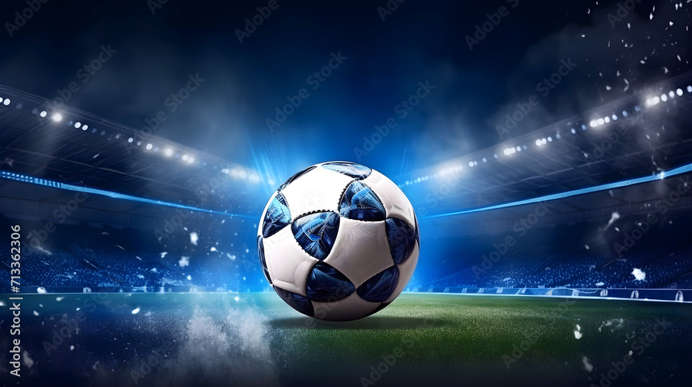 Naklejka premium Soccer ball on green grass soccer stadium. Copy space. 