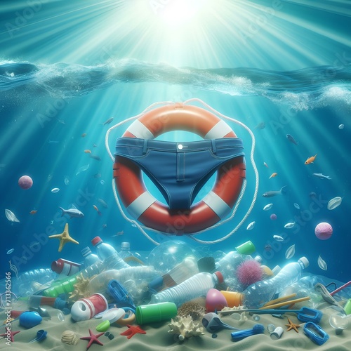 Ocean plastic pollution concept with plastic waist and lifebuoy floating in the ocean or sea.