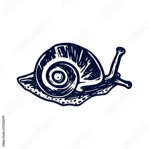 Handmade blockprint snail vector motif clipart in folkart scandi style. Simple monochrome linocut mollusc shapes with naive rural lineart.