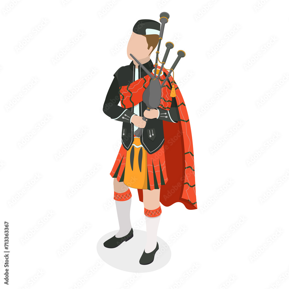 3D Isometric Flat Icon of Scottish Bagpiper, Character in National Clothes 3D Isometric Flat Icon of Scottish Bagpiper, Character in National Clothes