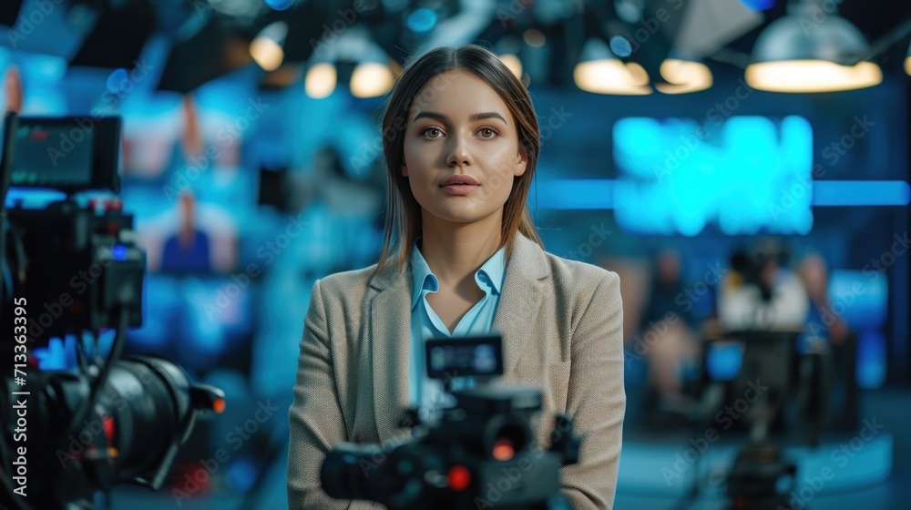 selective focus of young female vlogger looking at camera in recording studio selective focus of young female vlogger looking at camera in recording studio