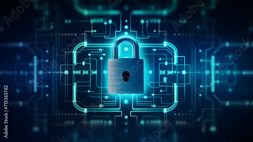 Digital padlock on a blue circuit board background representing cybersecurity.