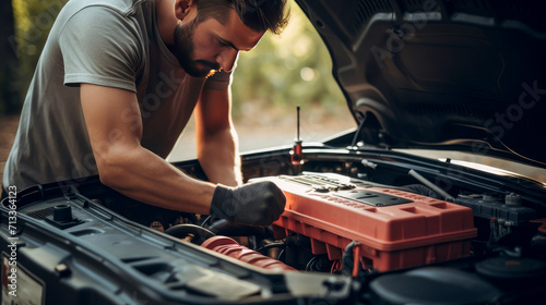 Male mechanic looking at car engine photo