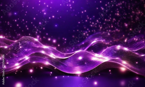 Onda di particelle viola digitali e sfondo astratto di energia con stelle e puntini brillanti 