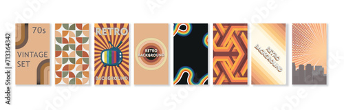 Colorful geometric background set. 70's style Vintage modern background in minimalist mid century style for fabric, wallpaper or wrapping. Set of abstract vivid vector graphics in retro vintage style