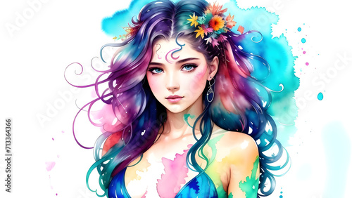 illustration water color of a beautiful asian woman with bright colorful hair