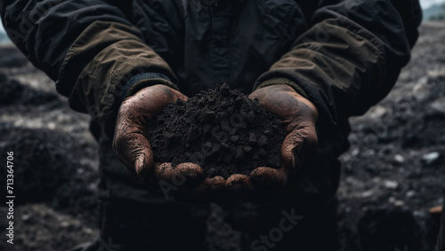 Coal in the hands of a man against the background of an open mine. generative AI