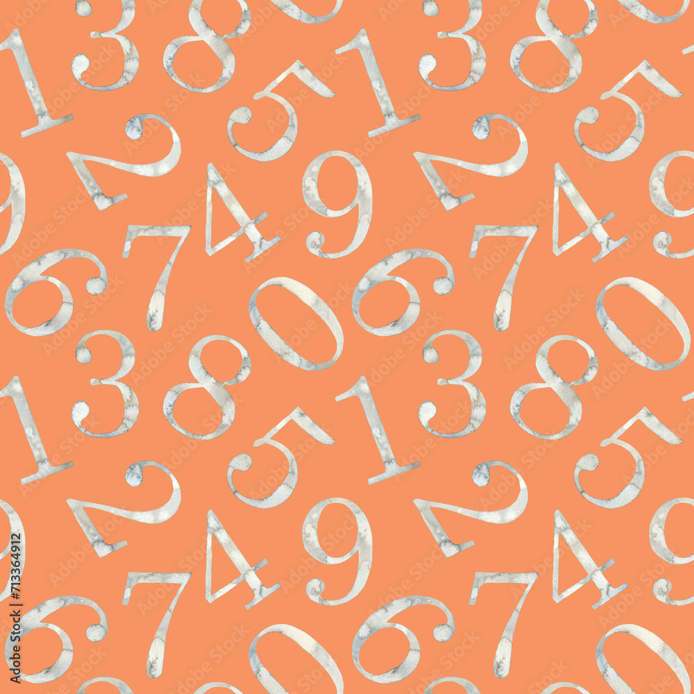 Seamless pattern of watercolor illustration collection of numbers from 1 to 0. Hand painted elements drawing on peach background. For fabric, sketchbook, wallpaper, wrapping, design. Seamless pattern of watercolor illustration collection of numbers from 1 to 0. Hand painted elements drawing on peach background. For fabric, sketchbook, wallpaper, wrapping, design.