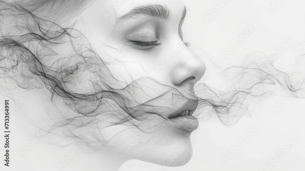  a black and white photo of a woman's face with a smoke trail coming out of her mouth and her eyes closed. - obrazy, fototapety, plakaty 