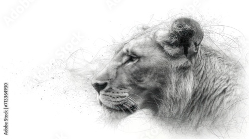  a black and white photo of a lion's head with its eyes closed and hair blowing in the wind.